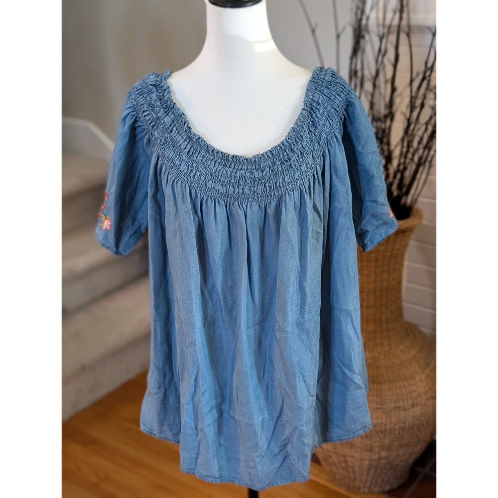 Floral Embroidered Chambray Boho Blouse Smocked Perch by Blu Pepper (3X)